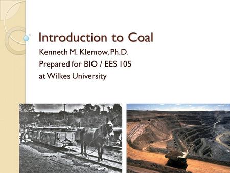 Introduction to Coal Kenneth M. Klemow, Ph.D. Prepared for BIO / EES 105 at Wilkes University.