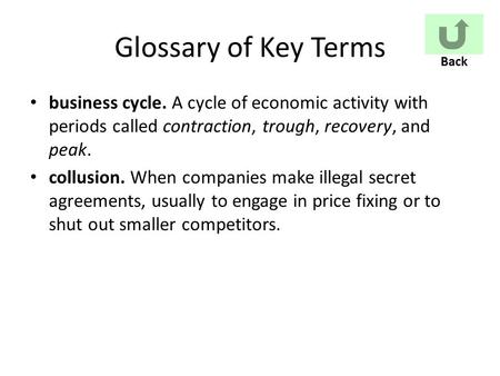 Glossary of Key Terms business cycle. A cycle of economic activity with periods called contraction, trough, recovery, and peak. collusion. When companies.