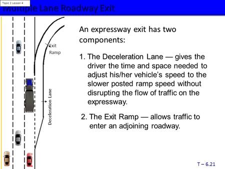 Multiple Lane Roadway Exit Topic 2 Lesson 4 T – 6.21 An expressway exit has two components: 1. The Deceleration Lane — 1. The Deceleration Lane — gives.