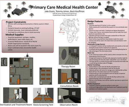 Design Features Structure Concrete slab floor (27’x25’x3”, 6.25 cu yards) Walls created with mud bricks (dry season) or concrete blocks (wet season) Aluminum.