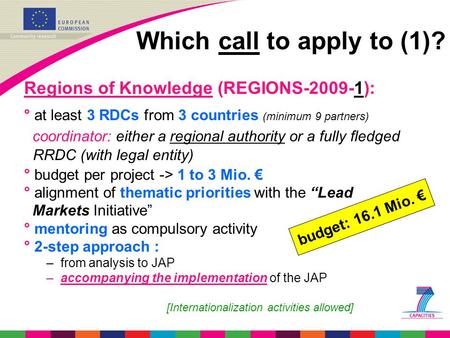 Which call to apply to (1)? Regions of Knowledge (REGIONS-2009-1): ° at least 3 RDCs from 3 countries (minimum 9 partners) coordinator: either a regional.