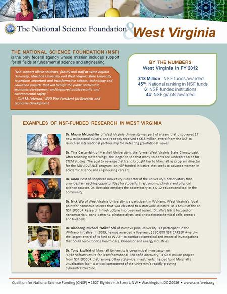 EXAMPLES OF NSF-FUNDED RESEARCH IN WEST VIRGINIA Coalition for National Science Funding (CNSF)  1527 Eighteenth Street, NW  Washington, DC 20036  www.cnsfweb.org.