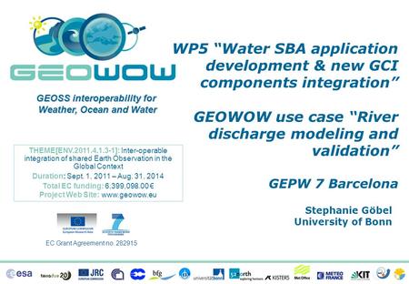 THEME[ENV.2011.4.1.3-1]: Inter-operable integration of shared Earth Observation in the Global Context Duration: Sept. 1, 2011 – Aug. 31, 2014 Total EC.