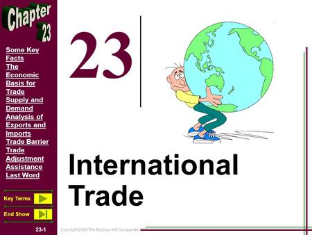 Copyright 2008 The McGraw-Hill Companies 23-1 Some Key Facts The Economic Basis for Trade Supply and Demand Analysis of Exports and Imports Trade Barrier.