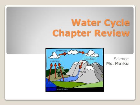 Water Cycle Chapter Review Science Ms. Marku. Fill in the blank The process in which water particles change from a liquid to a gas is called ________.