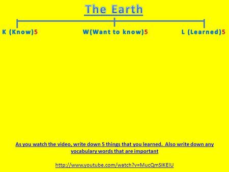As you watch the video, write down 5 things that you learned. Also write down any vocabulary words that are important