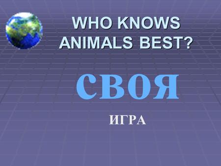 WHO KNOWS ANIMALS BEST? своя ИГРА Wild animals 100 200 300 400 500 Farm animals 100 200 300 400 500 Birds 100 200 300 400 500 Pets 100 200 300 400 500.