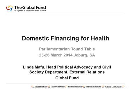 1 Domestic Financing for Health Parliamentarian Round Table 25-26 March 2014,Joburg, SA Linda Mafu, Head Political Advocacy and Civil Society Department,