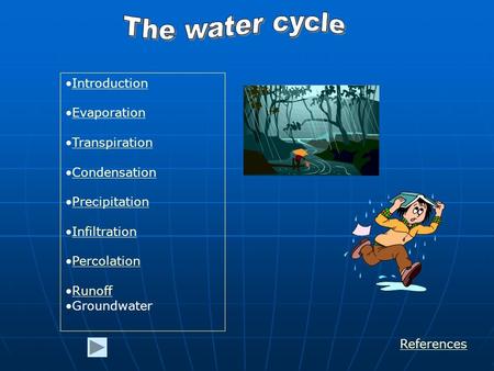 Introduction Evaporation Transpiration Condensation Precipitation Infiltration Percolation Runoff Groundwater References.