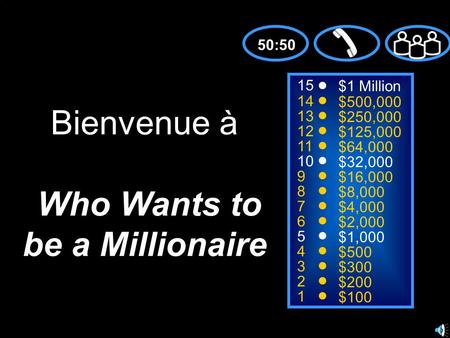 15 14 13 12 11 10 9 8 7 6 5 4 3 2 1 $1 Million $500,000 $250,000 $125,000 $64,000 $32,000 $16,000 $8,000 $4,000 $2,000 $1,000 $500 $300 $200 $100 Bienvenue.