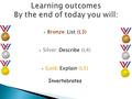 Learning outcomes By the end of today you will:  Bronze: List (L3)  Silver: Describe (L4)  Gold: Explain (L5) Invertebrates.