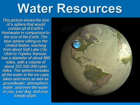 Water Resources This picture shows the size of a sphere that would contain all of Earth's freshwater in comparison to the size of the Earth. The blue sphere.