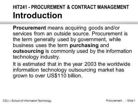 HIT241 - PROCUREMENT & CONTRACT MANAGEMENT Introduction