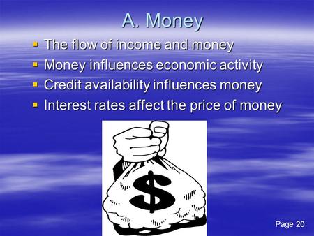 A. Money The flow of income and money The flow of income and money Money influences economic activity Money influences economic activity Credit availability.