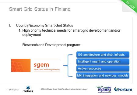 Smart Grid Status in Finland I.Country/Economy Smart Grid Status 1.High priority technical needs for smart grid development and/or deployment Research.