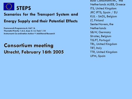 STEPS Scenarios for the Transport System and Energy Supply and their Potential Effects Framework Programme 6, Call 1A Thematic Priority 1.6.2, Area 3.1.2,