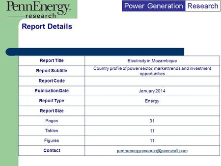 BI Marketing Analyst input into report marketing Report TitleElectricity in Mozambique Report Subtitle Country profile of power sector, market trends and.