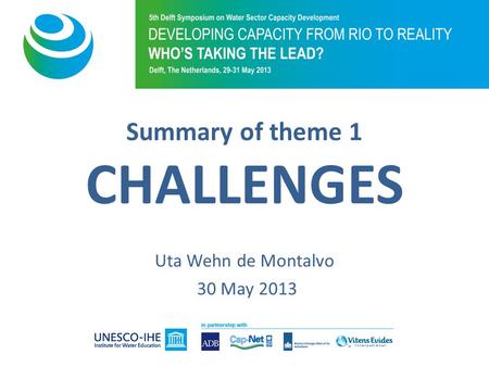 Summary of theme 1 CHALLENGES Uta Wehn de Montalvo 30 May 2013.