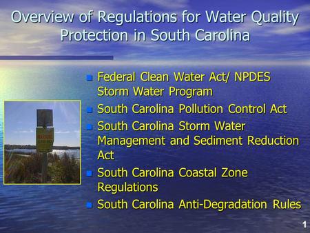 1 Overview of Regulations for Water Quality Protection in South Carolina n Federal Clean Water Act/ NPDES Storm Water Program n South Carolina Pollution.