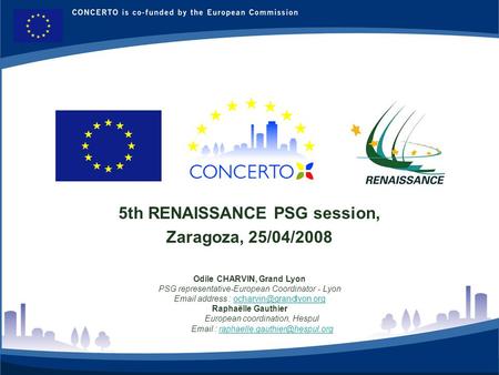 RENAISSANCE es un proyecto del programa CONCERTO co-financiado por la Comisión Europea dentro del Sexto Programa Marco 1 5th RENAISSANCE PSG session, Zaragoza,