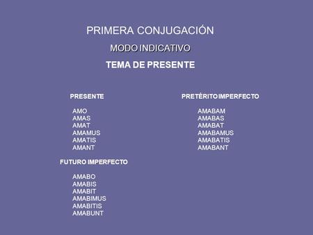 MODO INDICATIVO PRIMERA CONJUGACIÓN MODO INDICATIVO TEMA DE PRESENTE PRESENTE PRETÉRITO IMPERFECTO AMOAMABAM AMASAMABAS AMATAMABAT AMAMUSAMABAMUS AMATISAMABATIS.