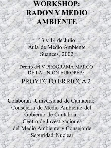 WORKSHOP: RADON Y MEDIO AMBIENTE 13 y 14 de Julio Aula de Medio Ambiente Suances, 2002 Dentro del V PROGRAMA MARCO DE LA UNION EUROPEA: PROYECTO ERRICCA.