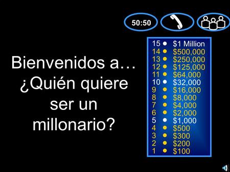 15 14 13 12 11 10 9 8 7 6 5 4 3 2 1 $1 Million $500,000 $250,000 $125,000 $64,000 $32,000 $16,000 $8,000 $4,000 $2,000 $1,000 $500 $300 $200 $100 Bienvenidos.