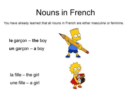 Nouns in French le garçon – the boy un garçon – a boy