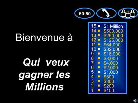 15 14 13 12 11 10 9 8 7 6 5 4 3 2 1 $1 Million $500,000 $250,000 $125,000 $64,000 $32,000 $16,000 $8,000 $4,000 $2,000 $1,000 $500 $300 $200 $100 Bienvenue.