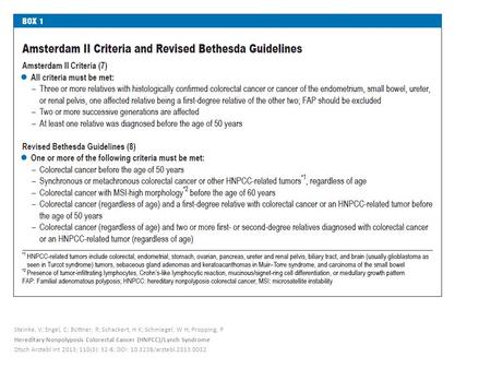 Steinke, V; Engel, C; Büttner, R; Schackert, H K; Schmiegel, W H; Propping, P Hereditary Nonpolyposis Colorectal Cancer (HNPCC)/Lynch Syndrome Dtsch Arztebl.