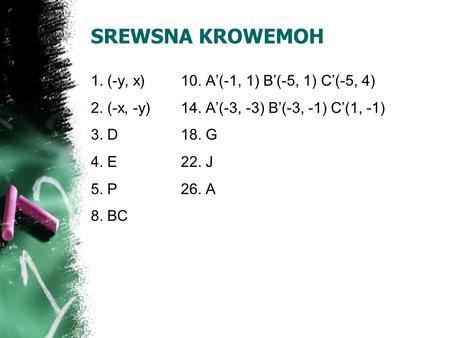 SREWSNA KROWEMOH 1. (-y, x)10. A(-1, 1) B(-5, 1) C(-5, 4) 2. (-x, -y)14. A(-3, -3) B(-3, -1) C(1, -1) 3. D18. G 4. E22. J 5. P26. A 8. BC.