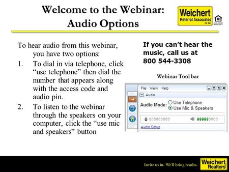 Welcome to the Webinar: Audio Options