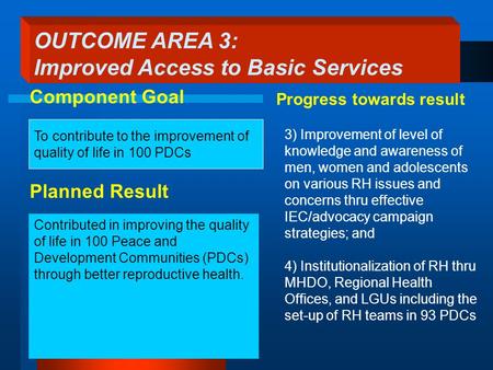 To contribute to the improvement of quality of life in 100 PDCs Planned Result 3) Improvement of level of knowledge and awareness of men, women and adolescents.