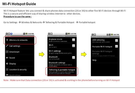 Wi-Fi Hotspot Guide Wi-Fi Hotspot feature lets you connect & share phones data connection (2G or 3G) to other five Wi-Fi devices through Wi-Fi This is.