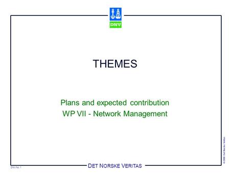 DNV No. 1 © 2000 Det Norske Veritas D ET N ORSKE V ERITAS THEMES Plans and expected contribution WP VII - Network Management.