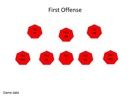 First Offense TBD QB TBD QB TBD C TBD C TBD OL TBD OL TBD OL TBD OL TBD WR TBD WR TBD WR TBD WR TBD RB TBD RB TBD FB TBD FB Game date.