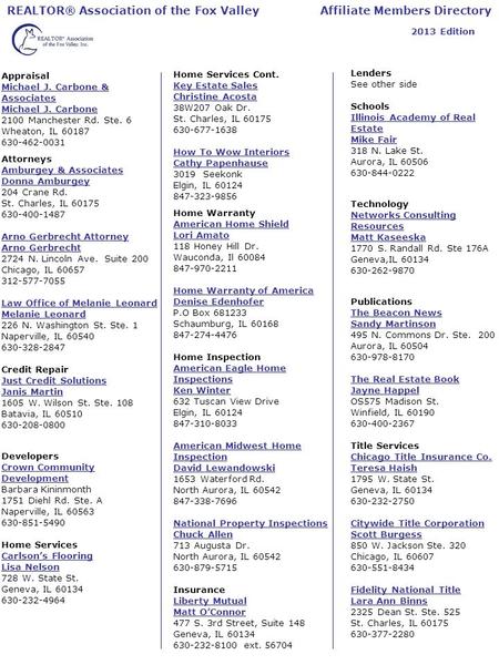 REALTOR® Association of the Fox Valley Affiliate Members Directory 2013 Edition Appraisal Michael J. Carbone & Associates Michael J. Carbone 2100 Manchester.