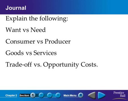 Explain the following: Want vs Need Consumer vs Producer