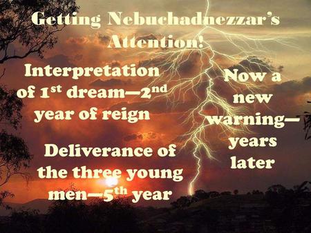 Interpretation of 1 st dream2 nd year of reign Getting Nebuchadnezzars Attention ! Deliverance of the three young men5 th year Now a new warning years.