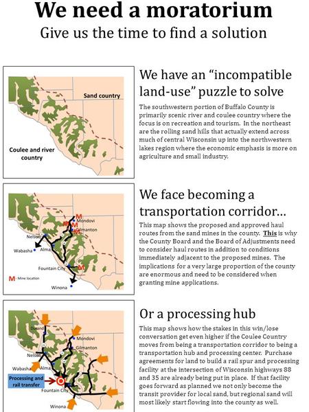 We need a moratorium Give us the time to find a solution We have an incompatible land-use puzzle to solve The southwestern portion of Buffalo County is.