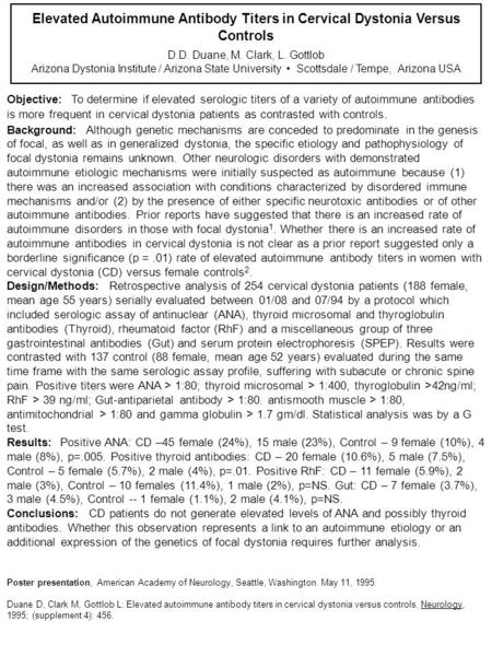 Elevated Autoimmune Antibody Titers in Cervical Dystonia Versus Controls D.D. Duane, M. Clark, L. Gottlob Arizona Dystonia Institute / Arizona State University.