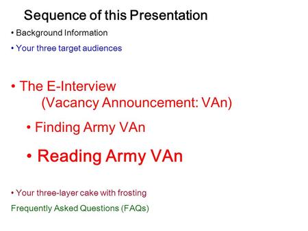 Sequence of this Presentation Background Information Your three target audiences The E-Interview (Vacancy Announcement: VAn) Finding Army VAn Reading Army.