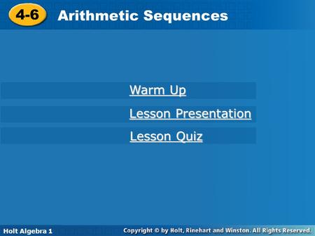 4-6 Arithmetic Sequences Warm Up Lesson Presentation Lesson Quiz