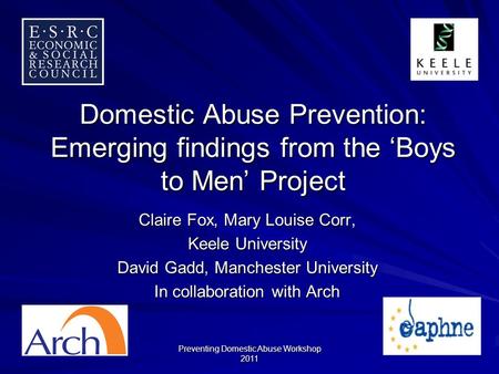 Preventing Domestic Abuse Workshop 2011 Domestic Abuse Prevention: Emerging findings from the Boys to Men Project Claire Fox, Mary Louise Corr, Keele University.