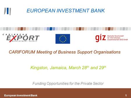 European Investment Bank1 CARIFORUM Meeting of Business Support Organisations Kingston, Jamaica, March 28 th and 29 th Funding Opportunities for the Private.