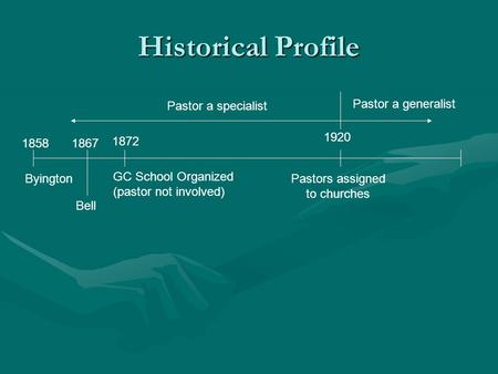 Historical Profile 1858 Byington 1867 Bell 1872 GC School Organized (pastor not involved) 1920 Pastors assigned to churches Pastor a specialist Pastor.