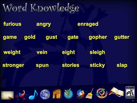 Word Knowledge T T Tic-Tac-Toe T What suffix means action or process? Give an example of a word with this suffix. The word gust has a g with the /g/