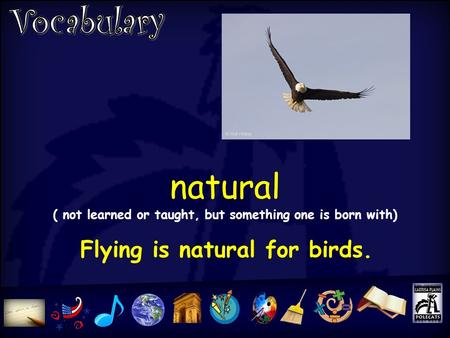 Natural ( not learned or taught, but something one is born with) Flying is natural for birds.