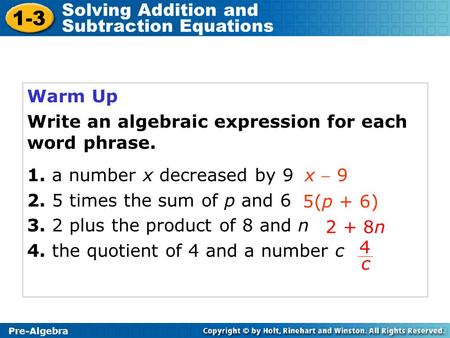 1-3 Solving Addition and Subtraction Equations Warm Up