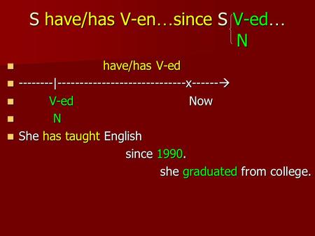 S have/has V-en … since S V-ed … N have/has V-ed have/has V-ed --------|-----------------------------x------ --------|-----------------------------x------